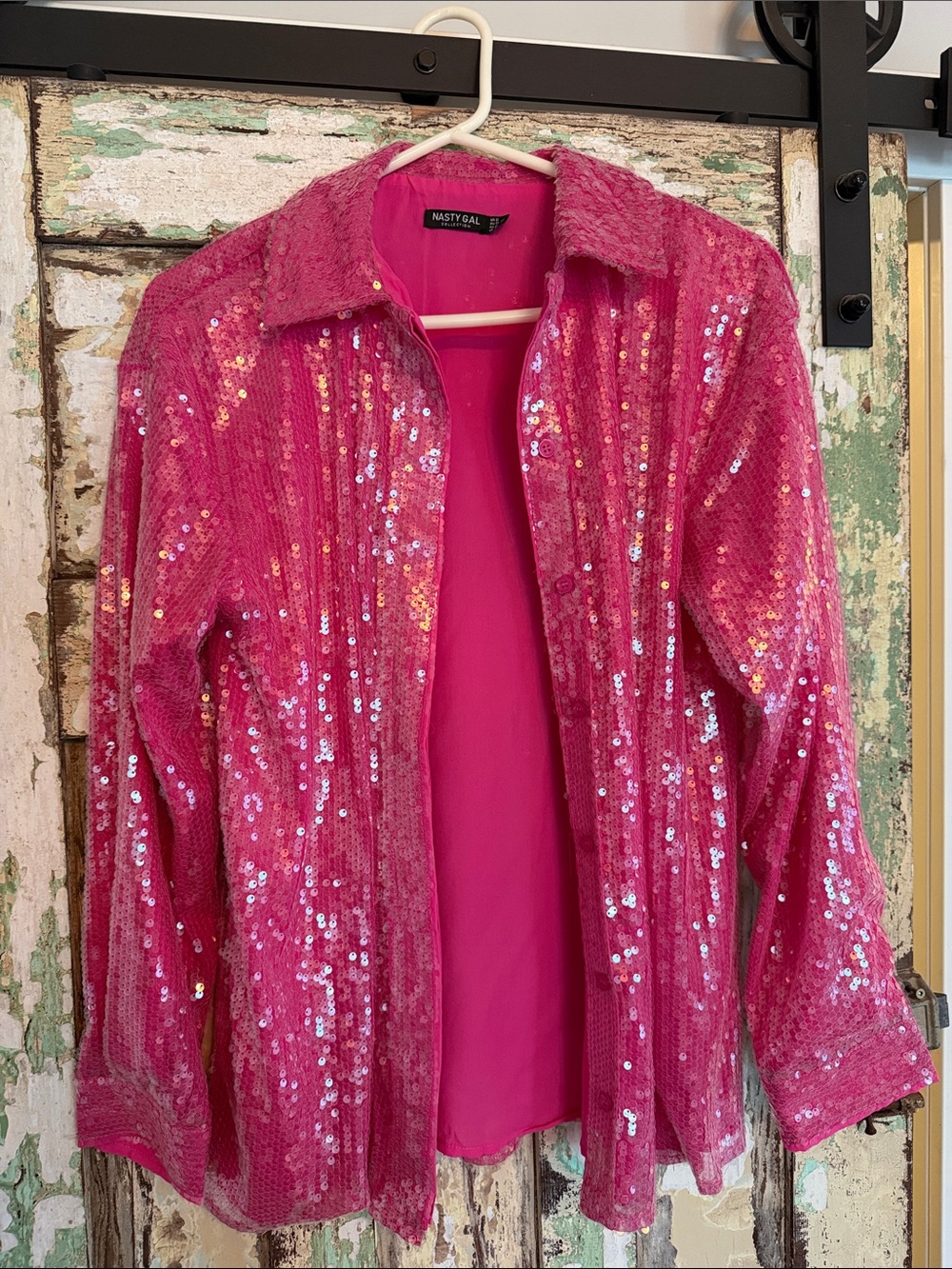 Nasty Gal Hot Pink Sequin Button Down Shirt